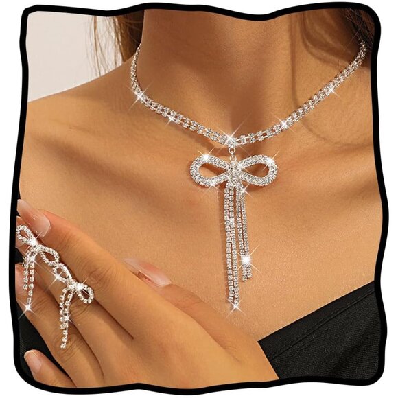 Jewelry - Rhinestone Bow Jewelry Set Sparkly Bowknot Necklace and Earrings Crystal Prom Je